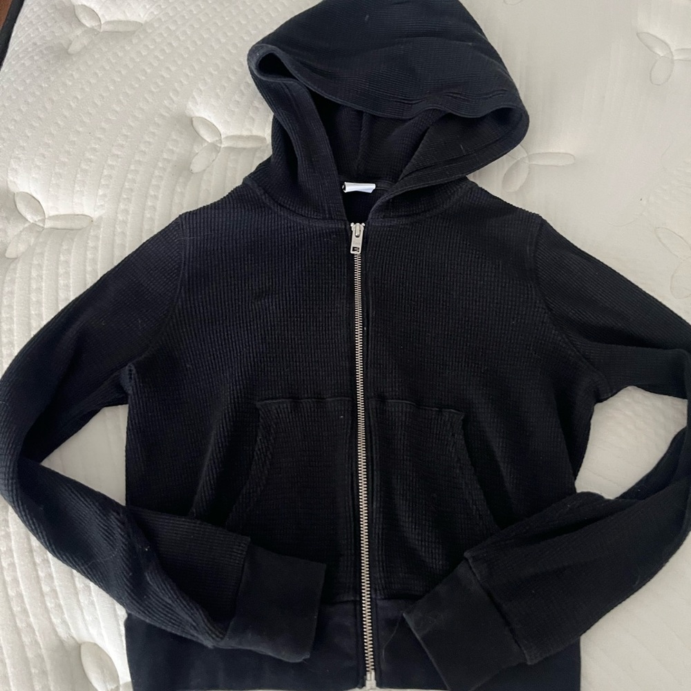 Black TNA Cropped Waffle Zip-Up Hoodie